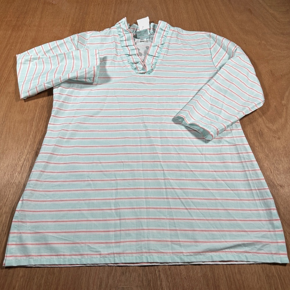 NWT Halsey and the Hound Womens L Ruffle Neck Tunic Top Teal Coral Stripe USA